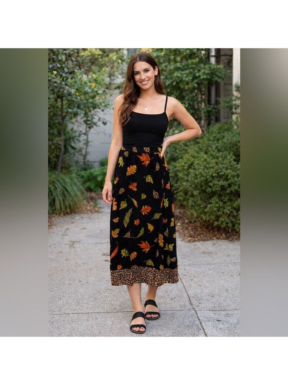 Vintage Fall Leaves and Leopard Print Skirt Women's cottagecore granny
